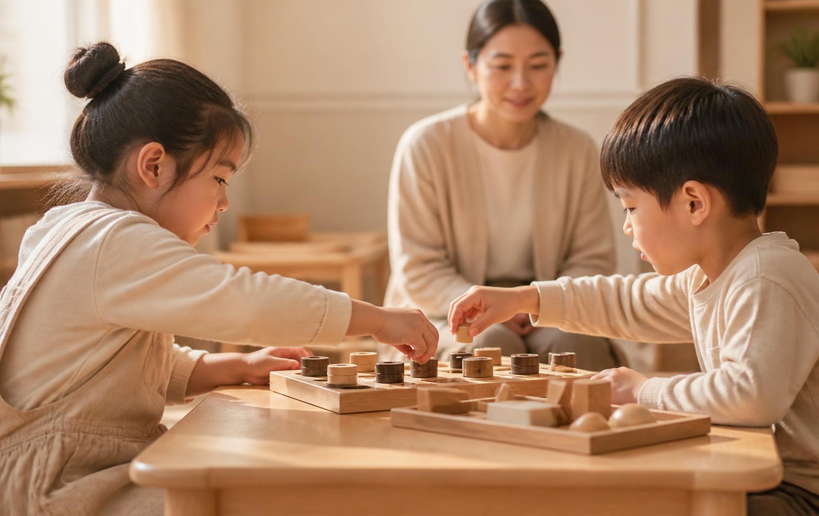 두 아이가 놀이 활동을 함께하며 협력하고 소통하는 모습
